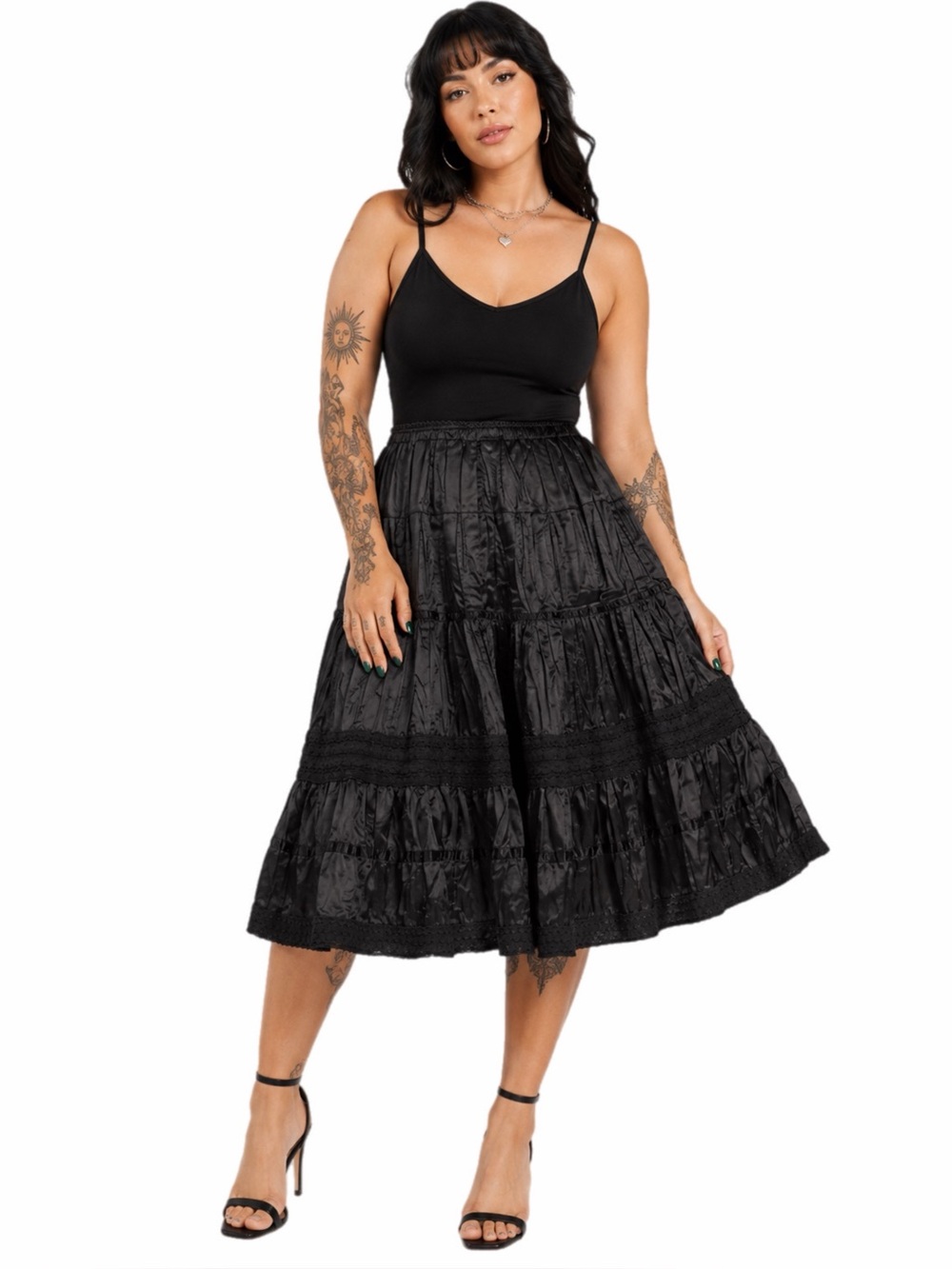 90s/Y2K does 70s Vintage Crochet Tiered Boho Knee-Midi Skirt (Black) Size M